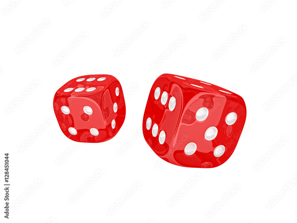 classic game dice in red plastic. isolated white background. nobody around. concept of luck and gambling. classic game dice in red plastic. isolated white background. nobody around. concept of luck and gambling.