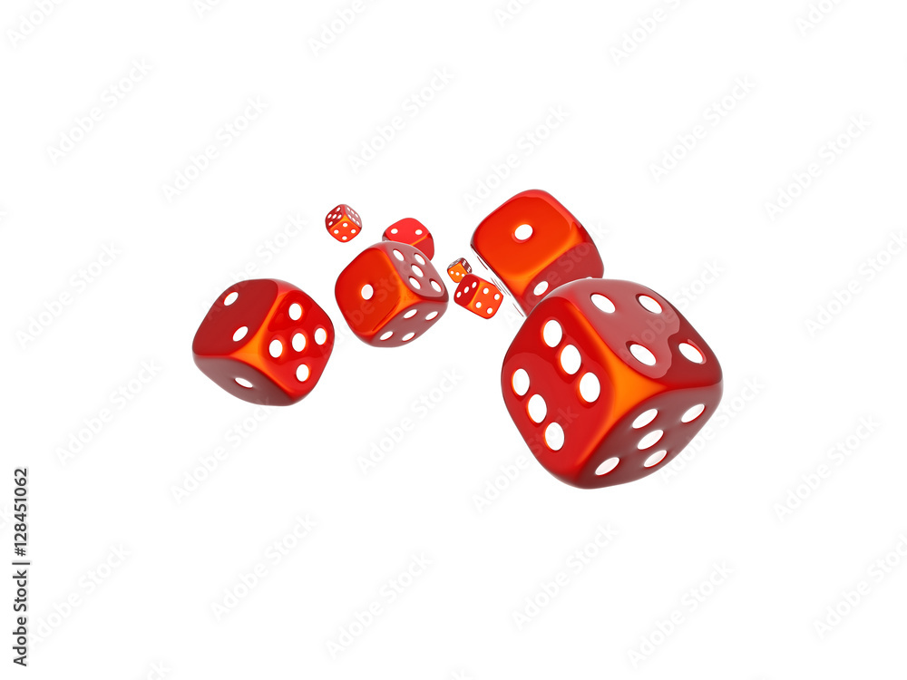 classic game dice in red plastic. isolated white background. nobody around. concept of luck and gambling. classic game dice in red plastic. isolated white background. nobody around. concept of luck and gambling.