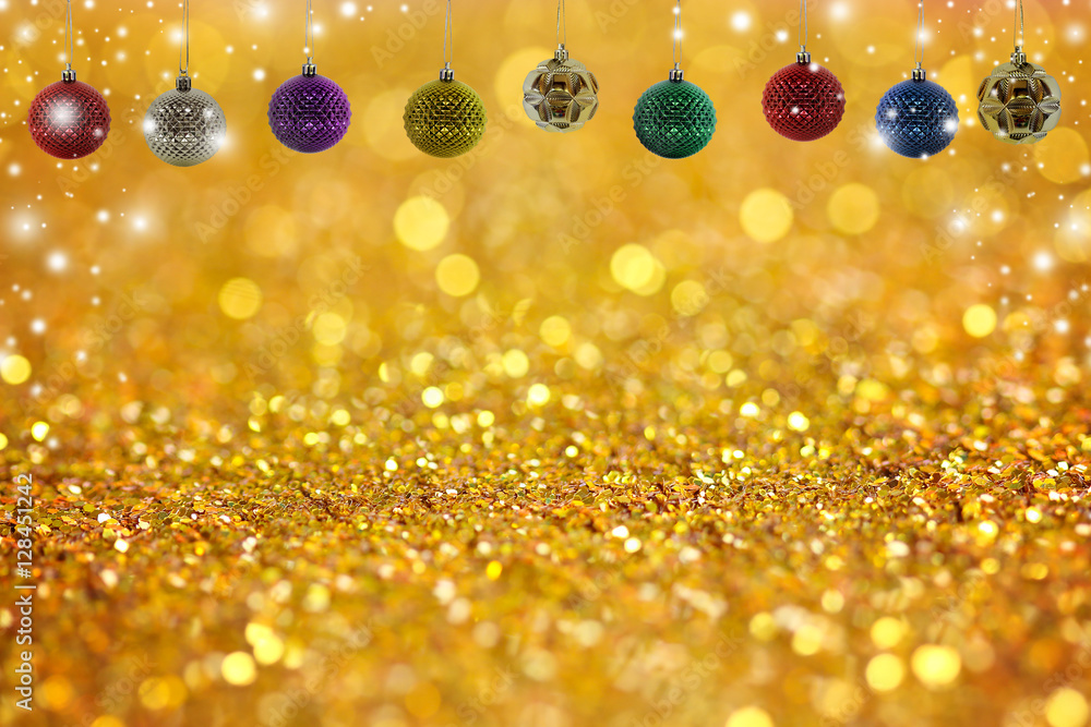 Christmas background with christmas ball and snow on glitter bok