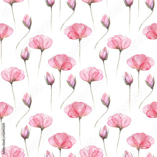 Seamless floral pattern with pink tender flowers hand drawn in watercolor on a white background