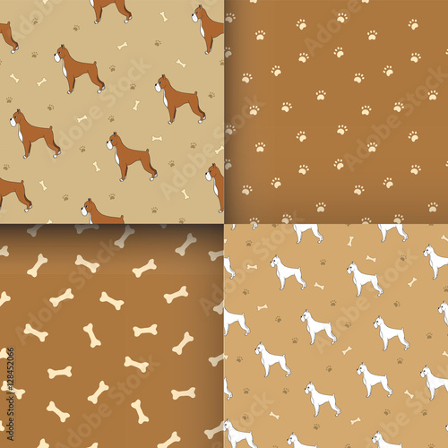 Set of seamless pattern with cute dog. Breed boxer.