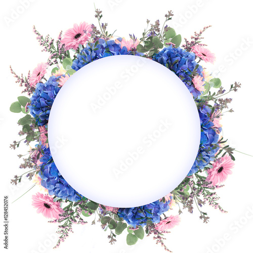 Fototapeta Naklejka Na Ścianę i Meble -  Amazing background with hydrangeas and daisies. Yellow and blue flowers on a white blank. Floral card nature. bokeh butterflies.