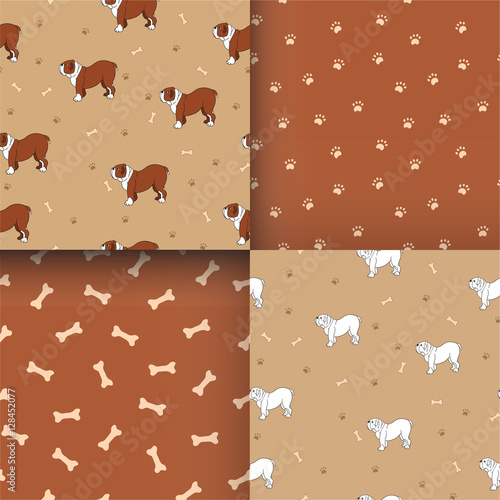 Set of awesome seamless pattern with cute dog. Breed bulldog.
