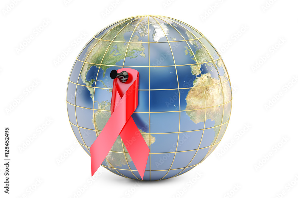 HIV AIDS Awareness Red Ribbon with Earth, 3D rendering Stock ...