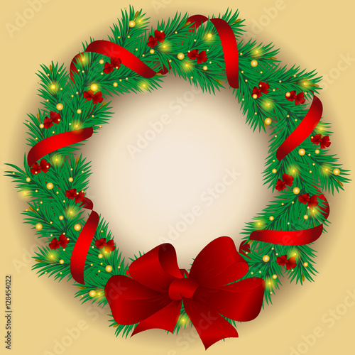 Christmas wreath with baubles and tree.