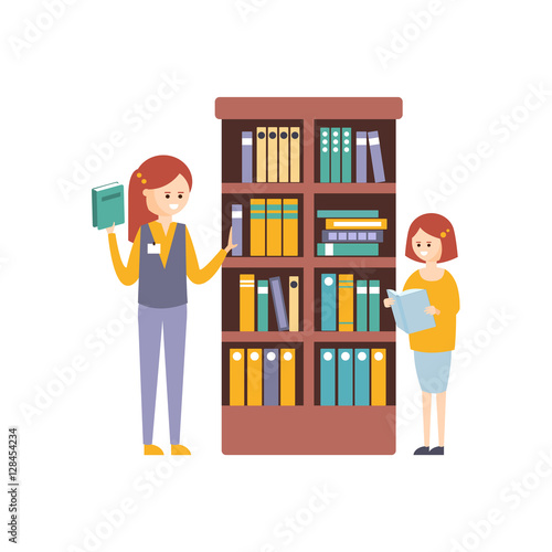 Library Or Bookstore With With Two Girls Choosing Books On Bookshelf