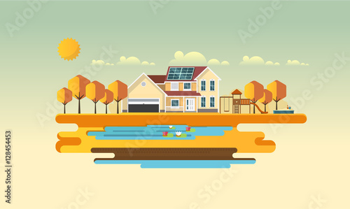 American suburban house Flat design vector concept illustration.