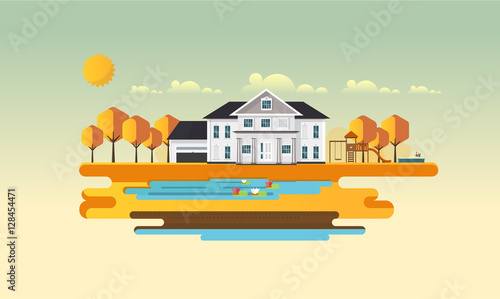 American suburban house Flat design vector concept illustration.