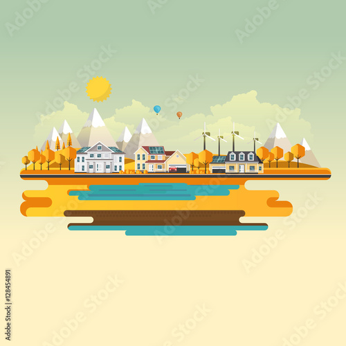 Flat Illuastration of american homes in autumn. Abstract Vector Design.

