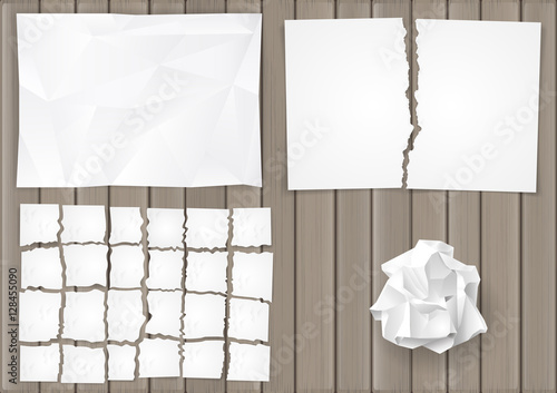 Set creasy and torn sheets of white paper on the background of the old board. Vector graphics
