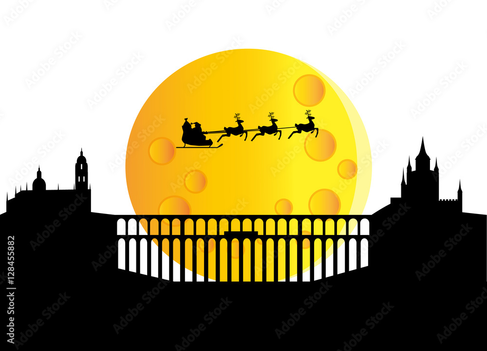 Santa claus flying through segovia city in spain