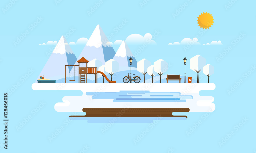 Naklejka premium Public park in Winter. Abstrract Vector Flat illustration.