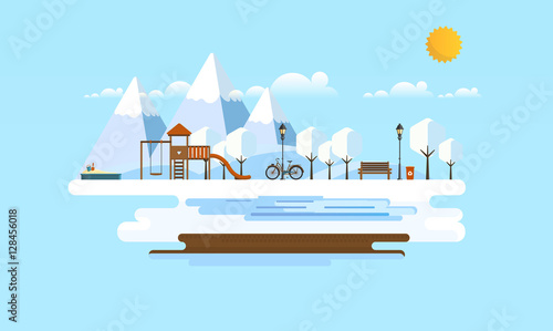 Public park in Winter. Abstrract Vector Flat illustration.

