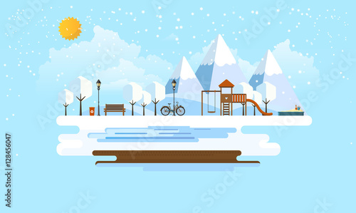 Public park in Winter. Abstrract Vector Flat illustration.

