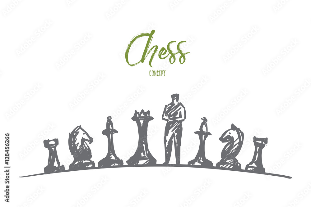 Vector hand drawn chess concept sketch. Man standing on chessboard between different chessmen and thinking. Lettering Chess concept