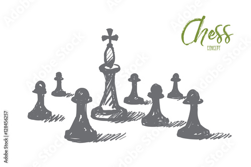 Vector hand drawn chess concept sketch. Chess king between many pawns on chessboard. Lettering Chess concept