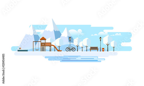 Public park in Winter. Abstrract Vector Flat illustration.

