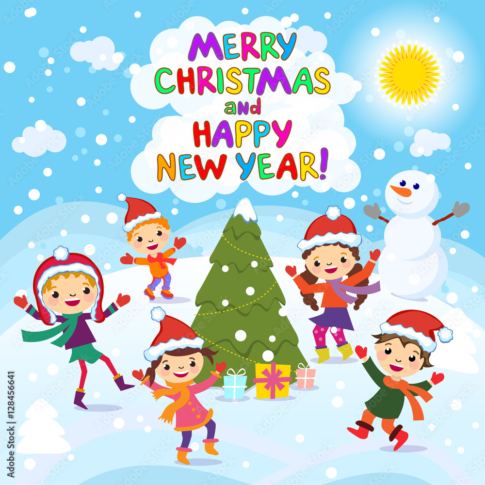 Merry Christmas And Happy New Year. 2017. Winter fun. Cheerful kids playing in the snow. Stock vector illustration of a group of happy children in red Santa hat and playing near Merry Christmas And Happy New Year. 2017. Winter fun. Cheerful kids playing in the snow. Stock vector illustration of a group of happy children in red Santa hat and playing near
