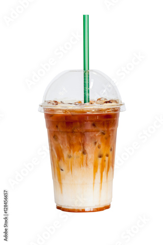 Iced latte coffee topped with fresh milk layer isolated on white