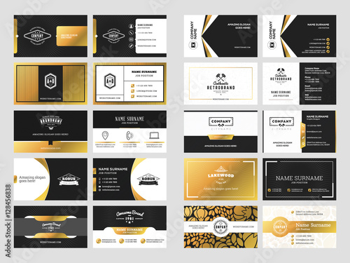 Set of elegant double-sided business card templates with logotype elements. Black and gold colors. Vector illustration. Stationery design