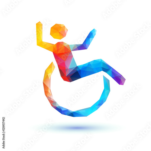 Happy disabled people. Polygonal sign
