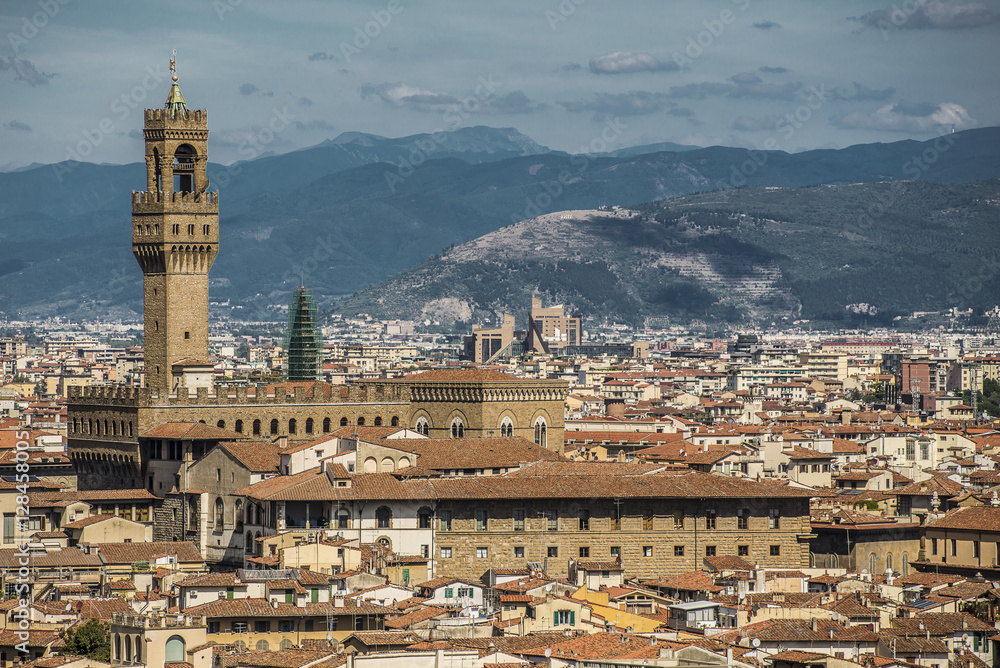 Florence, Italy- August 12, 2016: Cityscape of the city of Florence with theTower of Palazzo Vecchio in Florence, Italy