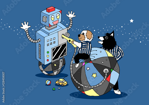 funny dogs and robot gas station in the universe vector hand drawn cartoon