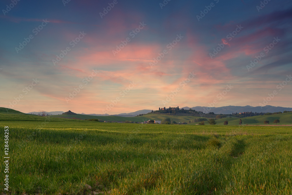 Typical Tuscany landscape springtime at sunset in Italy