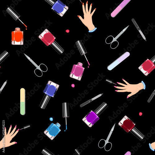 Seamless pattern manicure tools on a white background. Vector illustration. Hand drawing manicure tools. Manicure tools card.