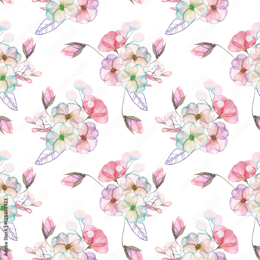 Seamless pattern with isolated watercolor floral bouquets from tender flowers and leaves in pink and purple pastel shades, hand drawn on a white background