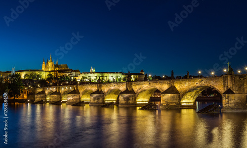 View of the Lesser Bridge Tower of Charles Bridge (Karluv Most) and Prague Castle, Czech Republic.