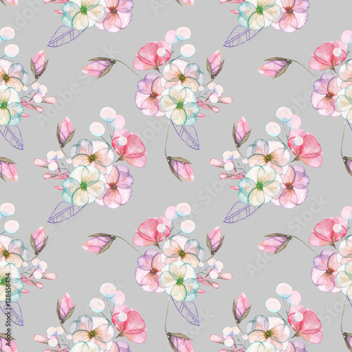 Seamless pattern with isolated watercolor floral bouquets from tender flowers and leaves in pink and purple pastel shades  hand drawn on a gray background