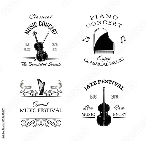 Music vintage retro label and badge. Guitar, Piano. Jazz festival. Double bass.