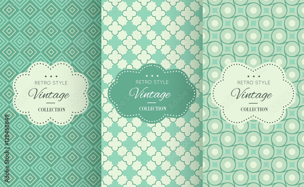 Retro mint and emerald vector seamless patterns