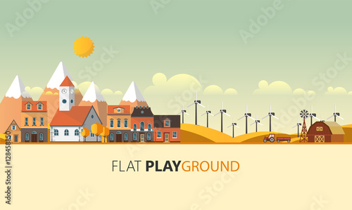 Flat Illustration of town in autumn. Abstract Vector Design.
