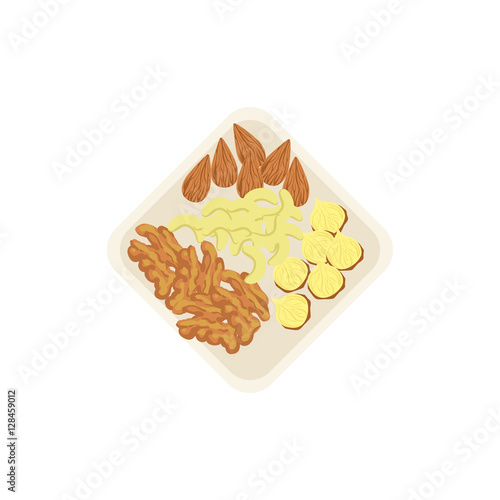 Nuts lying on the plate, a handful of mixed nuts. Cashews, almonds, funtouch and walnuts are on the plate. Healthy snack vector illustration