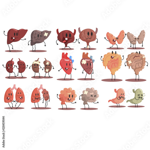 Human Internal Organs Healthy Vs Unhealthy Set Of Medical Anatomic Funny Cartoon Character Pairs Of Organism Parts In Comparison Happy Against Sick And Damaged