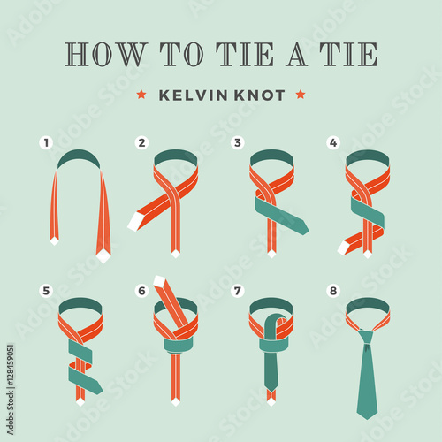 Instructions on how to tie a tie on the turquoise background of the eight steps. Kelvin knot . Vector Illustration.