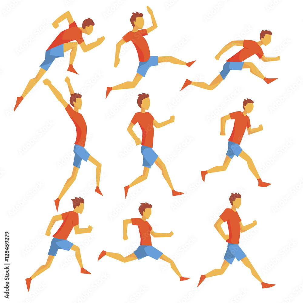 Male Sportsman Running The Track With Obstacles And Hurdles In Red Top And Blue Short In Racing Competition Set Of Illustrations.