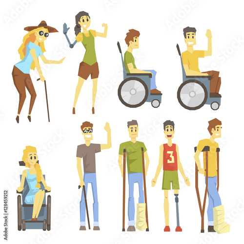 Young People With Permanent And Temporary Disabilities Overcoming The Injury And Living Full Live Collection Of Vector Illustrations.