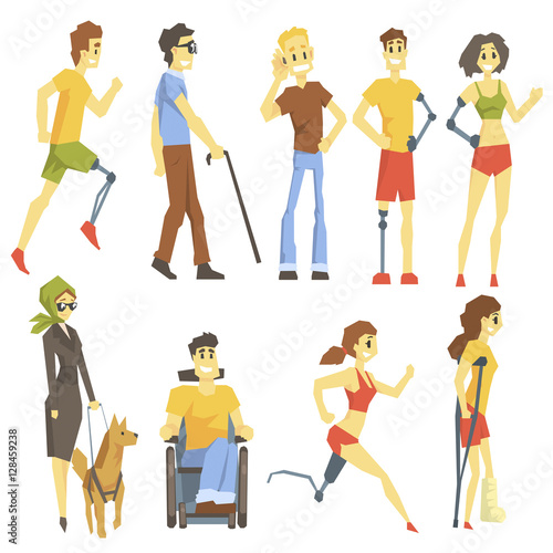 Young People With Permanent And Temporary Disabilities Overcoming The Injury Living Full Live And Doing Sports Collection Of Vector Illustrations.