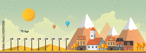 Flat Illustration of town in autumn. Abstract Vector Design.
