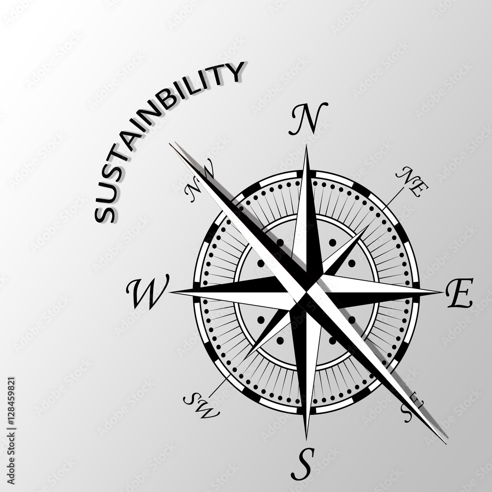 Illustration of sustainability written aside compass