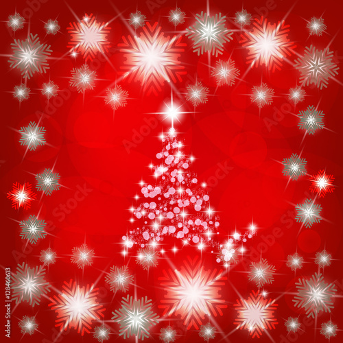 Background in abstract red colours with christmas tree. Illustration.