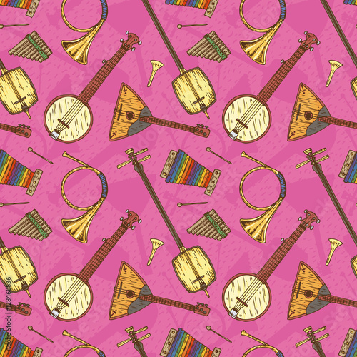 Seamless Pattern with Folk Musical Instruments