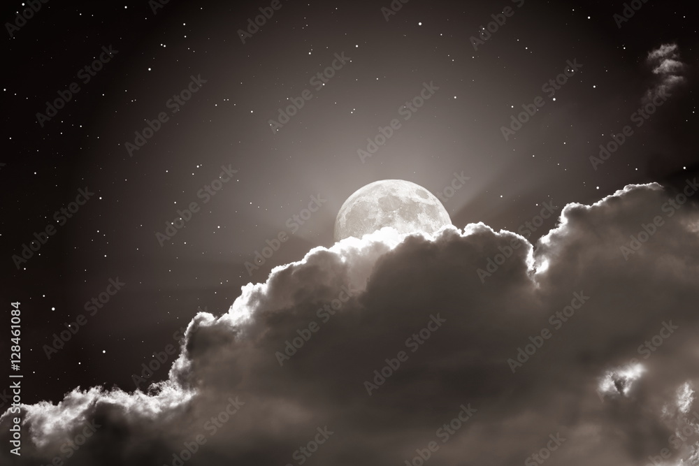 Starry night sky with clouds and full moon Stock Photo | Adobe Stock
