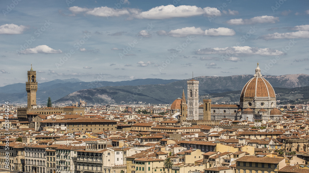 Florence, Italy- August 12, 2016: Cityscape of the city of Florence with the Tower of Palazzo Vecchio and Church Santa Maria del Fiore in Florence, Italy