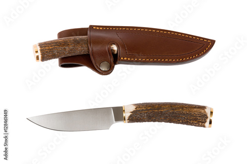Hunting knife with handle of deer antler on a white background