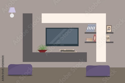 Home cinema in the living room interior. There is a TV, curbstone, shelves, flower, books, lamp in the picture. Vector flat illustration