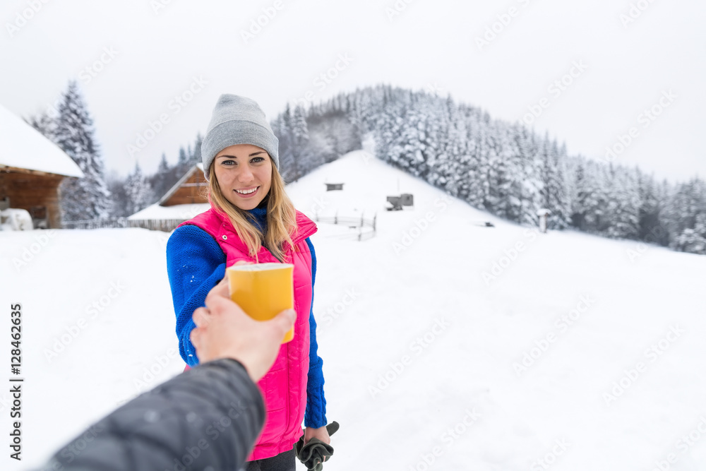Young Girl Taking Cup Hot Coffee Or Tea Wooden Country House Winter Snow Resort Cottage Vacation